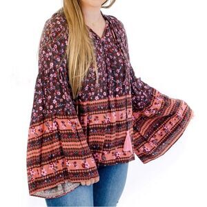 Vici Pink & Brown Tassel Tie Front Bell Sleeve Top